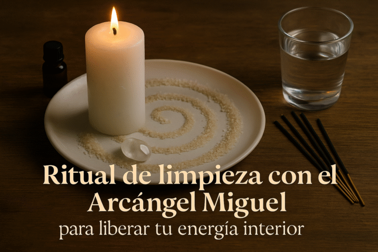Ritual de limpieza con el Arcángel Miguel para liberar la energía interior, con vela blanca, cuarzo, espiral de sal y elementos mágicos – Margui Centeno
