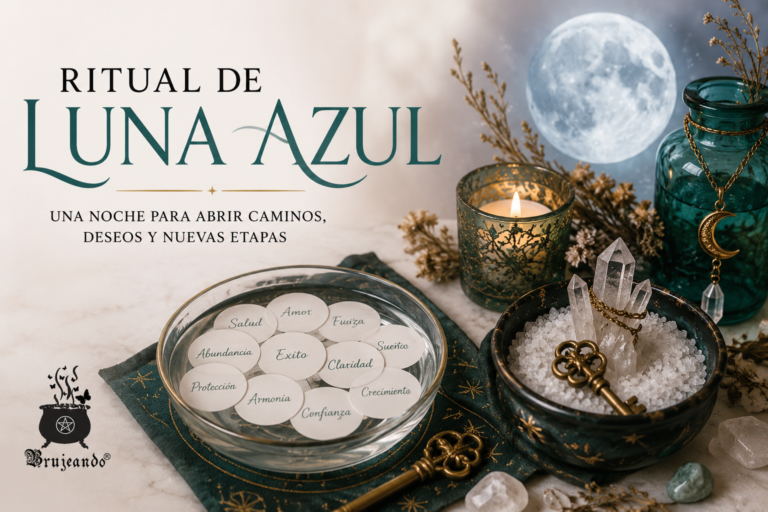 Ritual de Luna Azul con llave, cuarzos, sal y deseos para abrir caminos