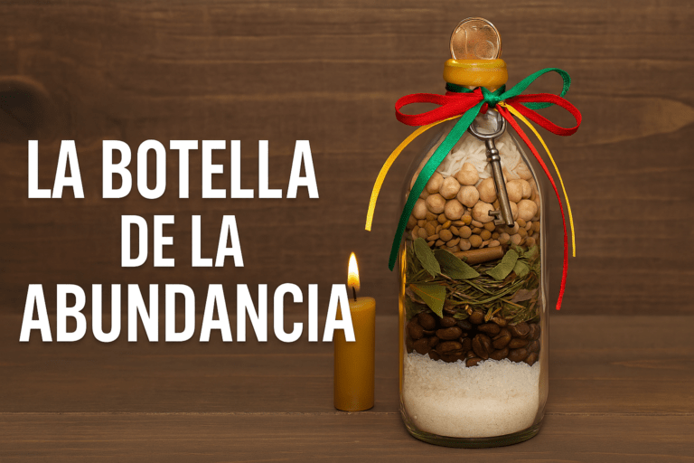 Botella de la Abundancia con ingredientes mágicos y vela encendida