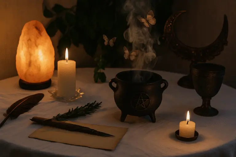 Altar mágico con caldero grabado con pentáculo, del que emergen mariposas entre humo y velas encendidas