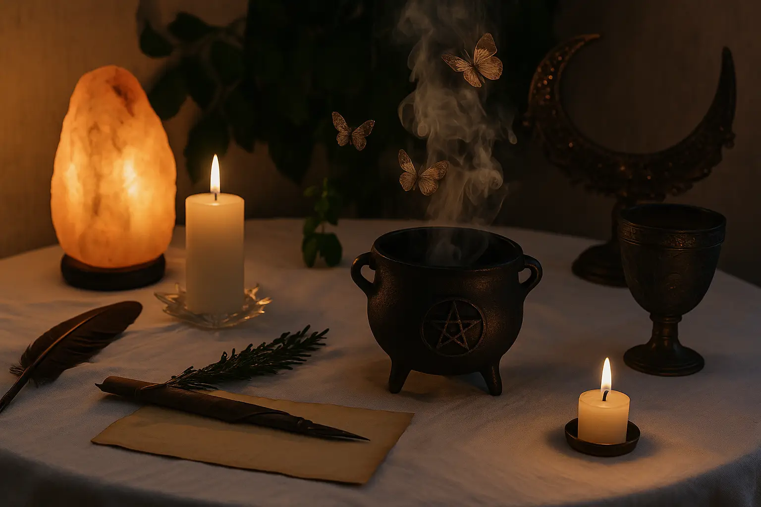 Altar mágico con caldero grabado con pentáculo, del que emergen mariposas entre humo y velas encendidas