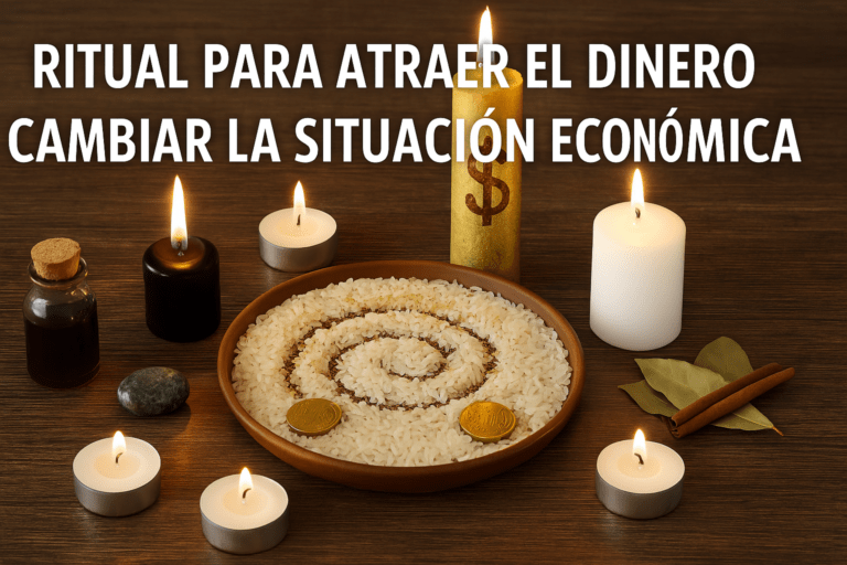 Ritual para atraer el dinero con velas, arroz en espiral, monedas y símbolos mágicos sobre altar, iluminado con luz cálida.