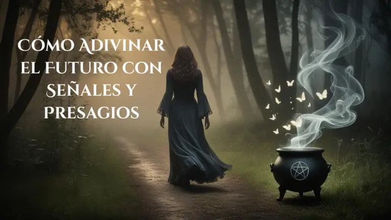 Bruja caminando por un sendero entre la niebla mientras un caldero con pentáculo libera mariposas y humo mágico – Cómo adivinar el futuro con señales y presagios