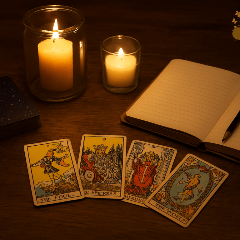 Cartas del tarot dispuestas sobre una mesa con velas y cuaderno de autoconocimiento, escena mágica y realista con luz cálida.