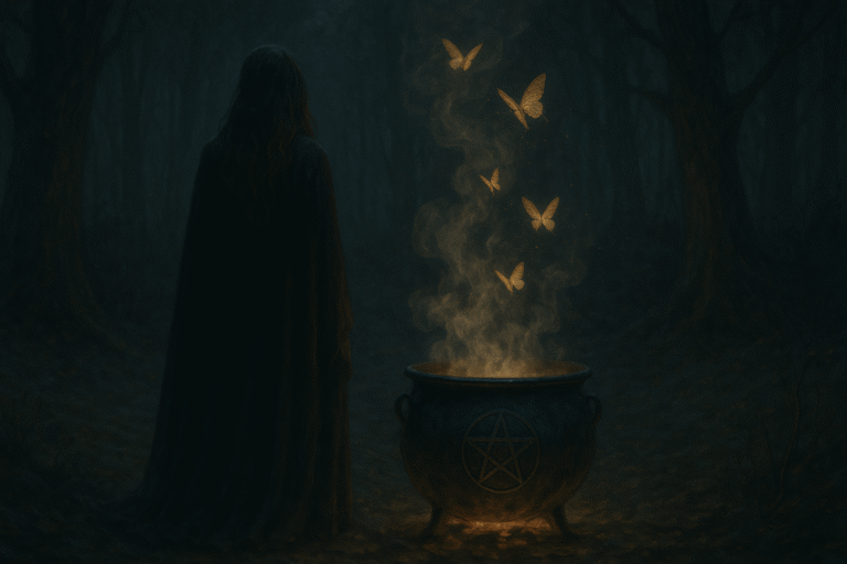 Bruja practicando brujería ancestral junto a un caldero mágico en un bosque encantado