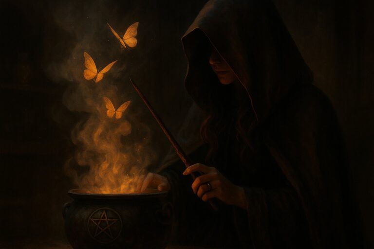 Bruja con capucha realizando un ritual mágico para crear tu propia magia con un caldero y mariposas emergiendo del humo.