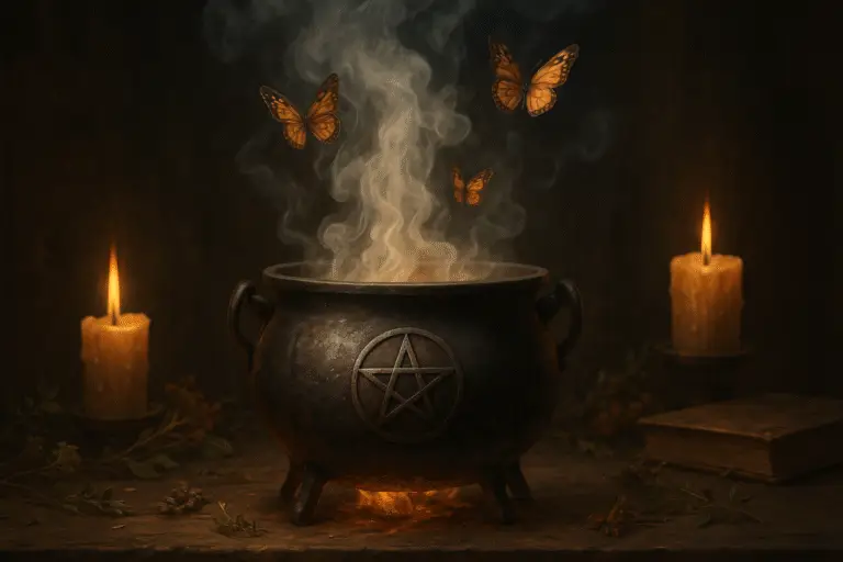 Caldero mágico con pentáculo del que emergen mariposas entre humo ritual, imagen de Margui Centeno para el artículo Encender tu poder mágico