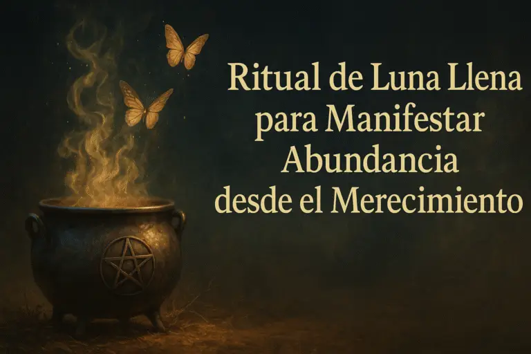 Caldero con pentáculo del que emergen mariposas, simbolizando la abundancia manifestada desde el merecimiento en un ritual de luna llena