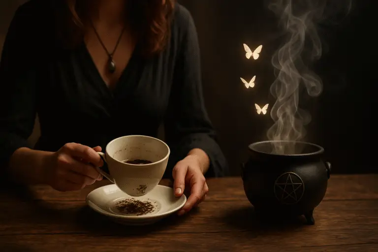 Bruja leyendo hojas de té en una taza blanca mientras un caldero con pentáculo emite humo y mariposas – cómo leer hojas de té