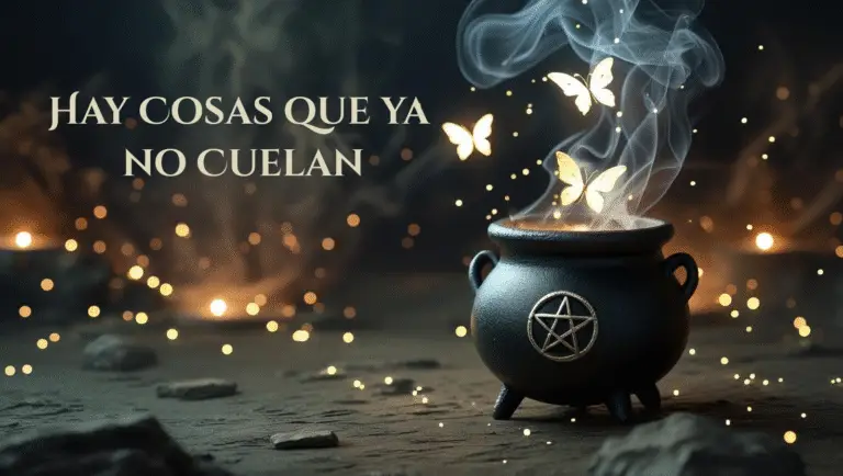 Caldero negro con pentáculo del que sale humo mágico y mariposas doradas. Imagen esotérica para artículo sobre mentiras sobre la brujería en losritualesdemargui.com