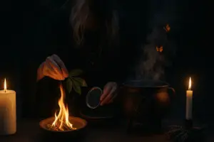 Mujer realizando ritual mágico en la Noche de San Juan con caldero, humo y mariposas