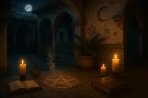 Patio andaluz con paredes blancas y macetas, iluminado con velas y símbolos mágicos en el suelo, atmósfera realista de la brujería en España.
