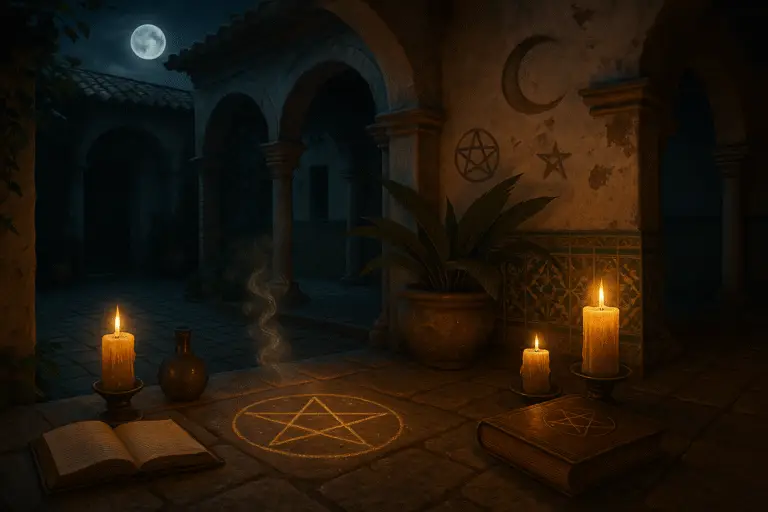 Patio andaluz con paredes blancas y macetas, iluminado con velas y símbolos mágicos en el suelo, atmósfera realista de la brujería en España.